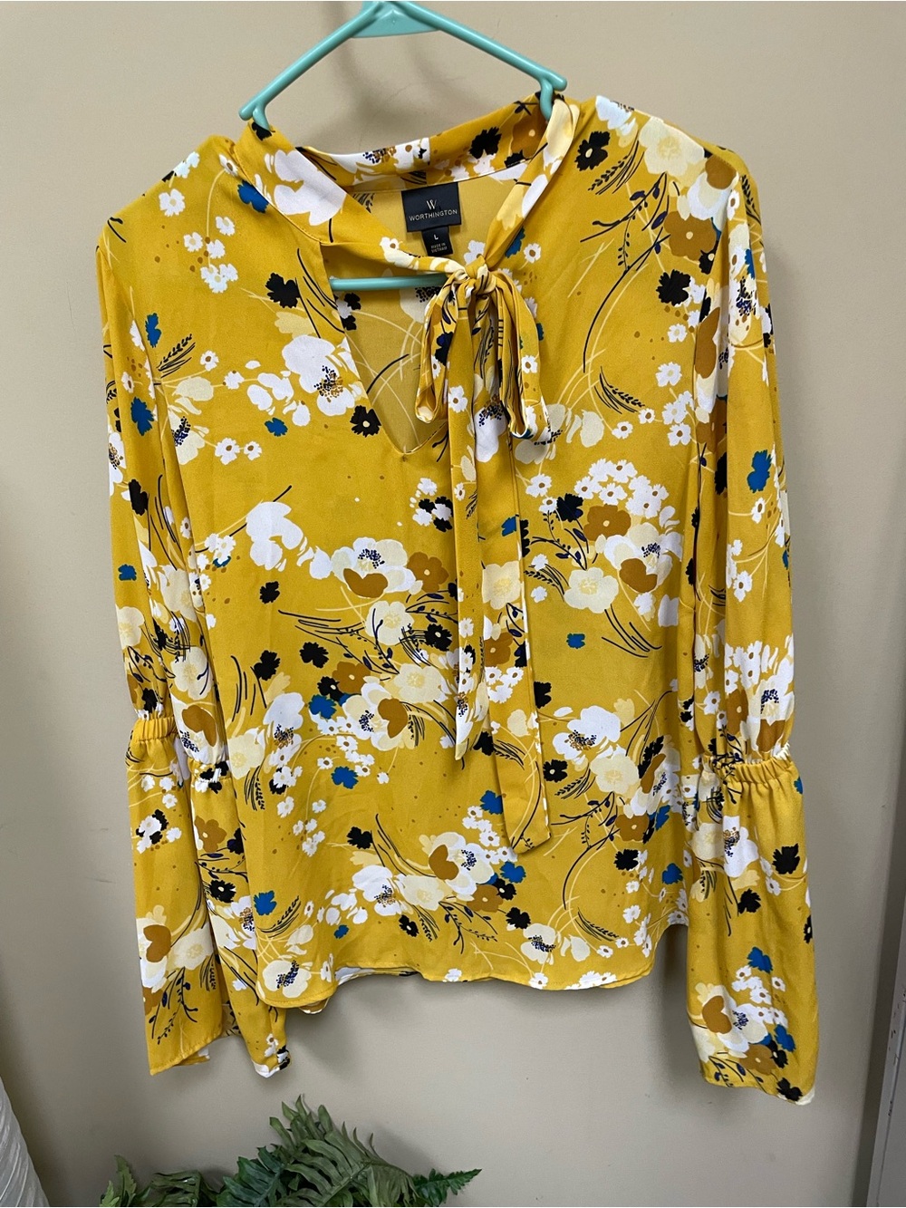 Worthington Yellow Floral Tie-Neck Blouse - Picture 3 of 4